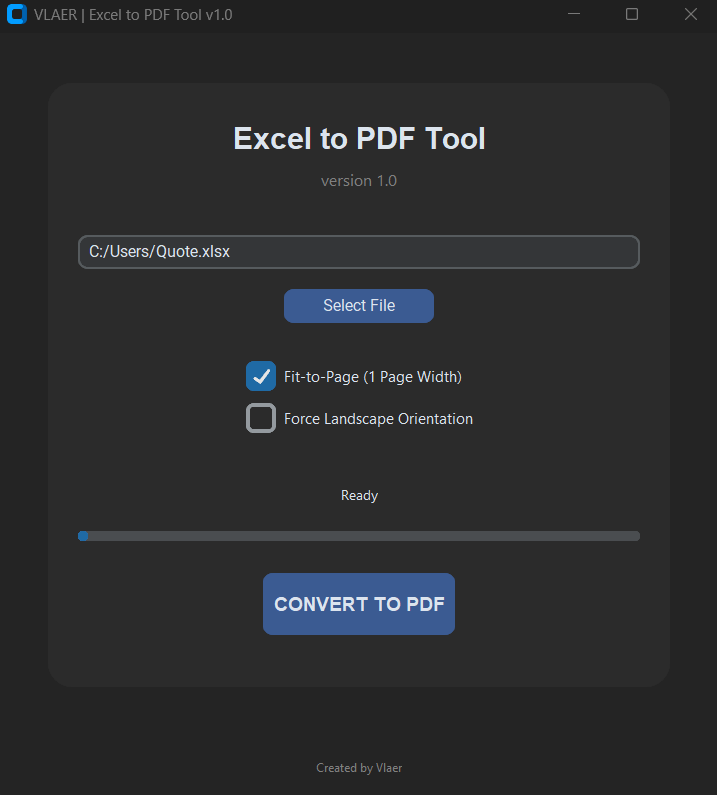 Vlaer excel to pdf Interface